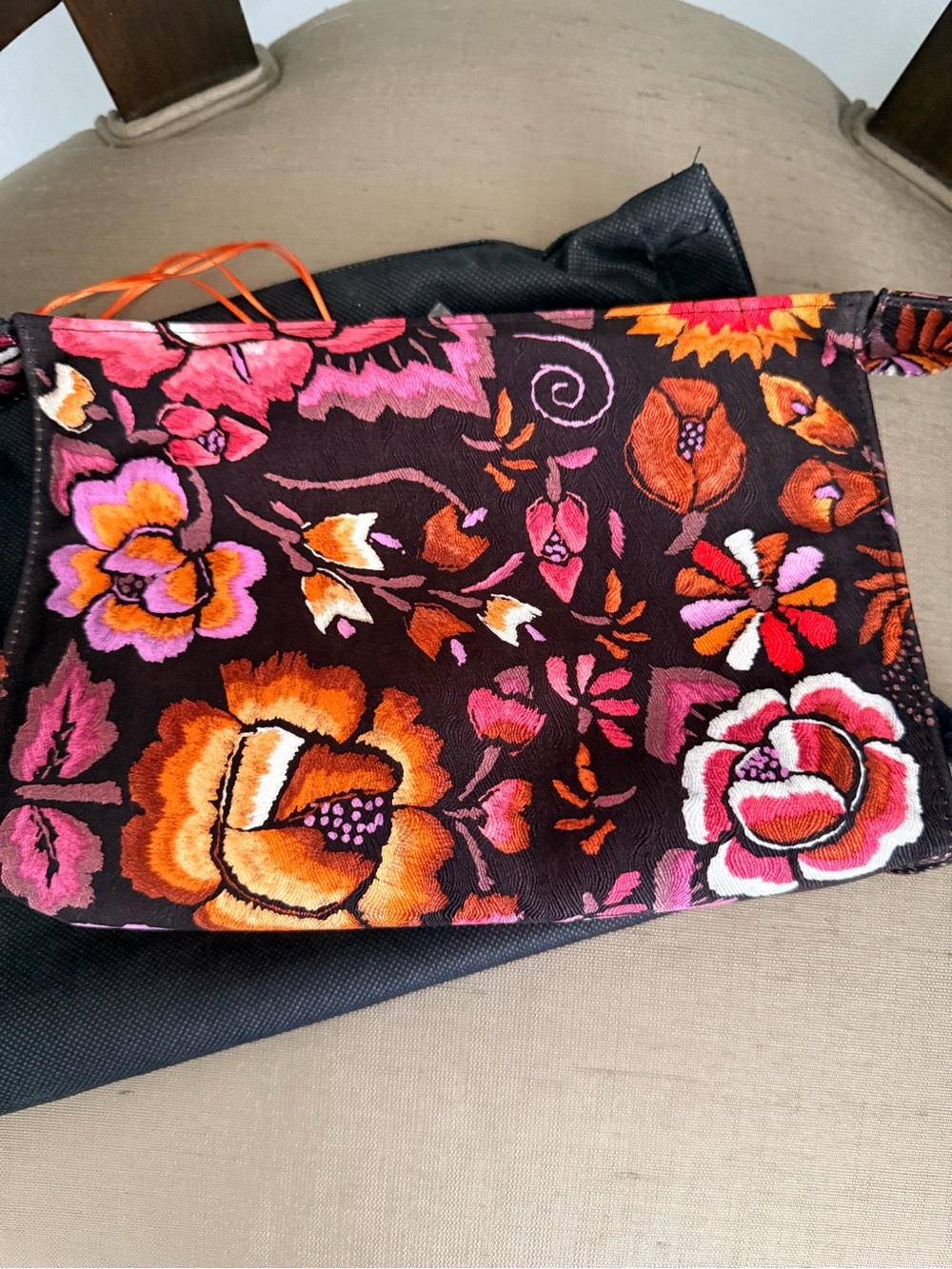 Pineda Covalin Embroidered Floral Cosmetic Bag. Bold Pink & Orange Blooms - Picture 2 of 6